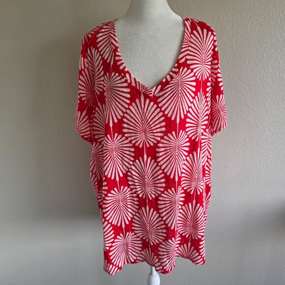 NEW Joie Top Blouse T-Shirt Red White Tropical Lightweight Linen Plus Size 3X - Picture 1 of 9